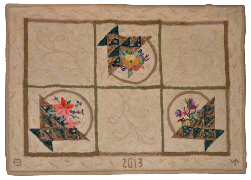 Flower Baskets.
Design based on a quilting pattern. Hooked by Lois J. Morris.