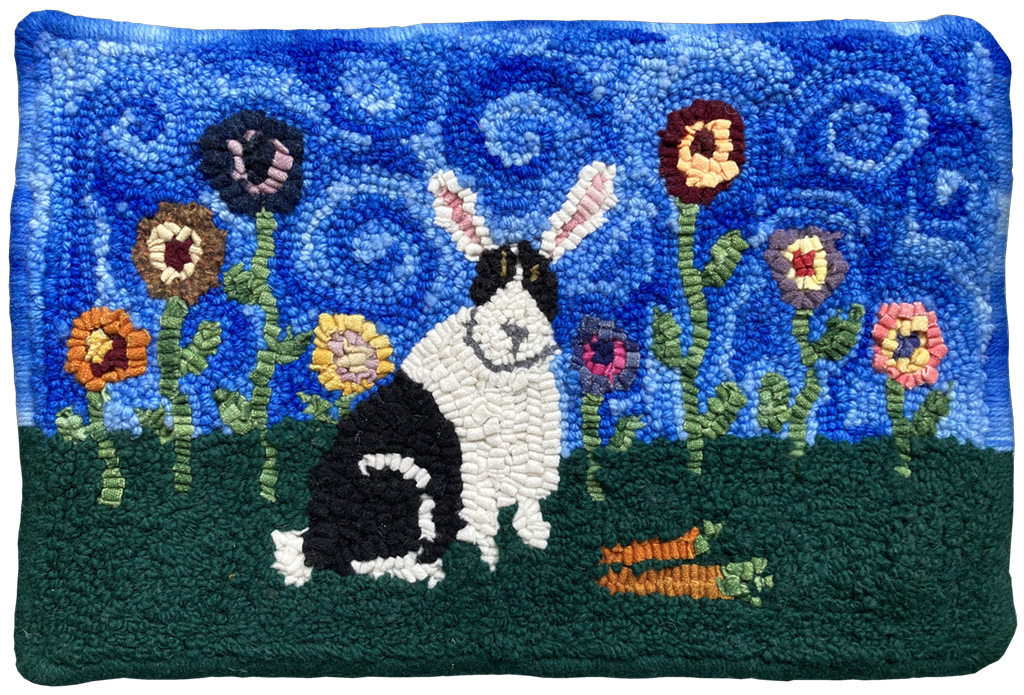 SR_01_1024 Garden Bunny, a Judy Lambros design hooked by Sue Rolland-Dawson.